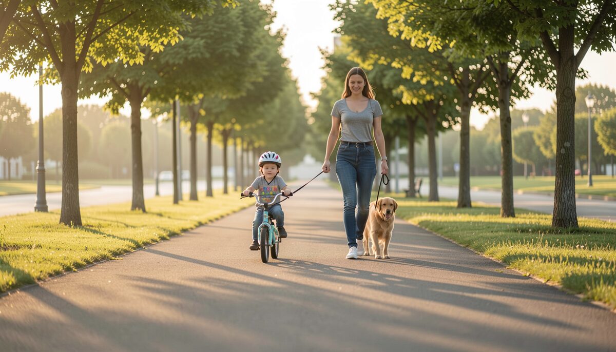 Late summer afternoon glow warms a wide asphalt path as a child on a small bike leads an adult with a leashed dog between young shade trees.