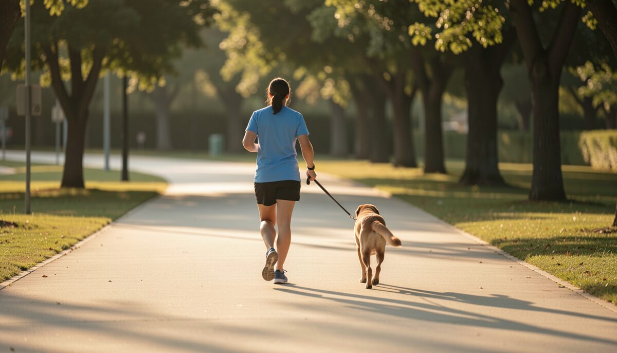 Late summer light lies low across a flat pale path while a jogger seen from behind eases down to a walk beside a dog on a short leash and the tree shadows lengthen.