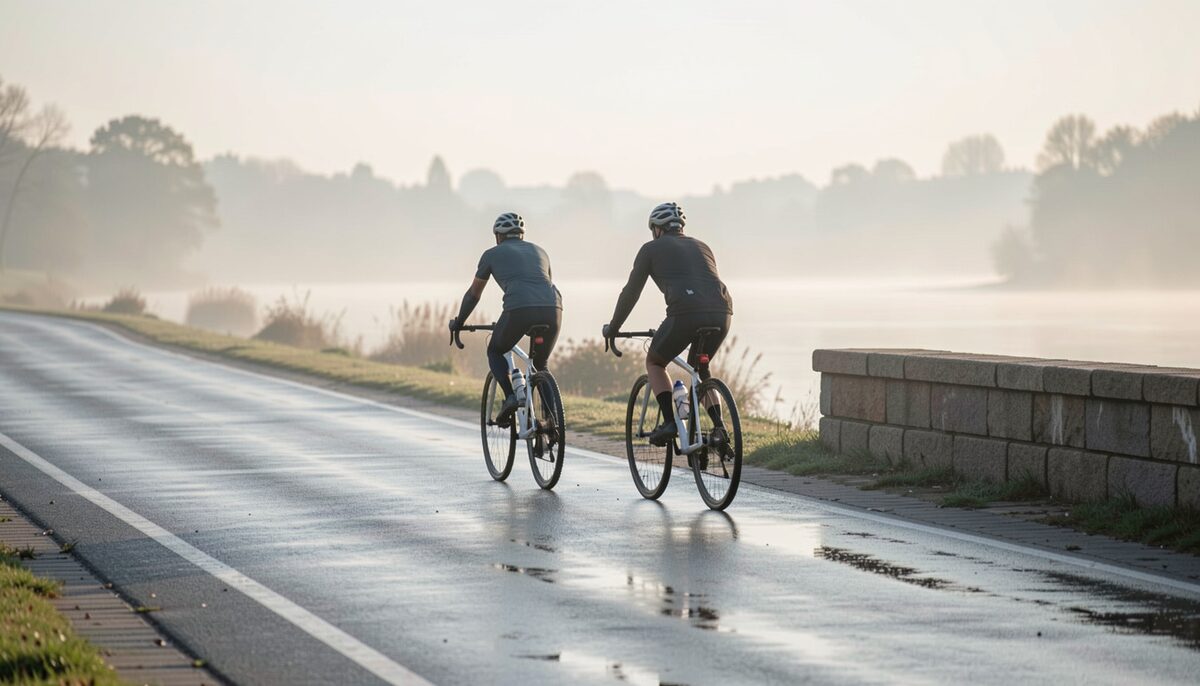 Early morning on a paved riverside stretch, wet asphalt reflecting a pale sky while two cyclists, seen from behind, roll side by side past a stone abutment and mist lifts off the water.