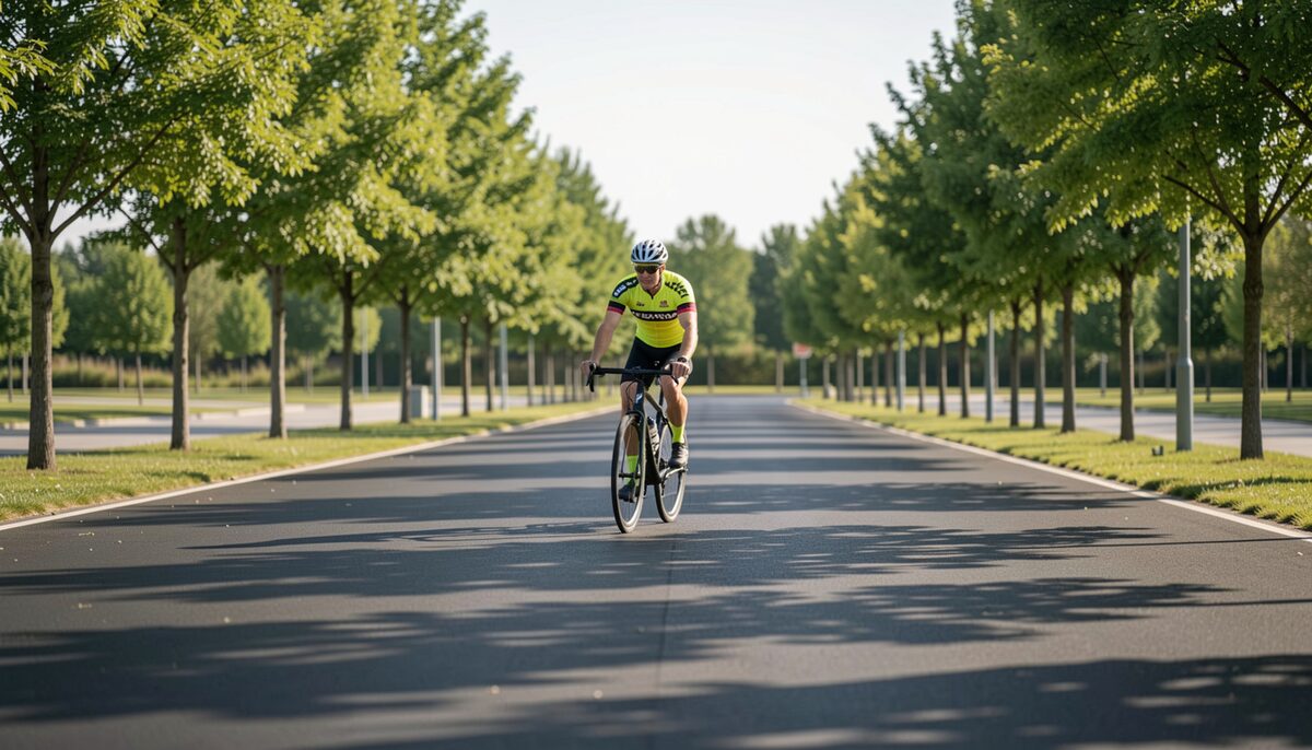 September light lies long across fresh blacktop where a cyclist in a bright jersey pedals west past young maples still green, shadows sharp on the new surface.