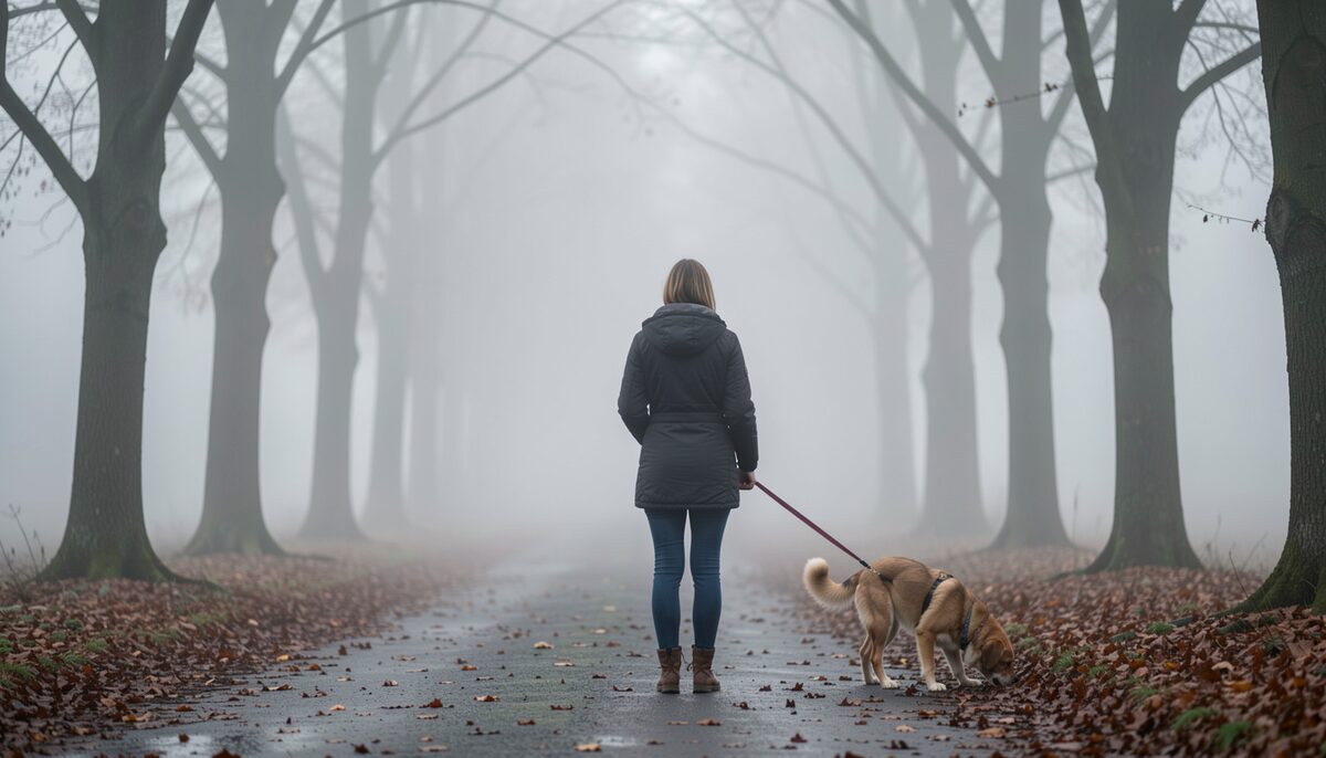 Morning fog fills a tree-lined corridor far from the trailhead lot while a woman seen from behind pauses and her leashed dog sniffs the edge where wet leaves cover the ground.