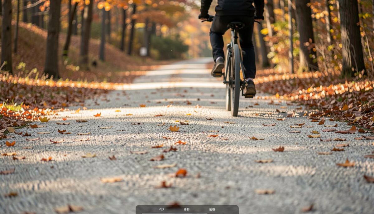 A wheel level view down a pale gravel corridor in late autumn, low light raking across the loose surface while a rider ahead, seen from behind, slows for a curve where maple leaves lie flat on the path.