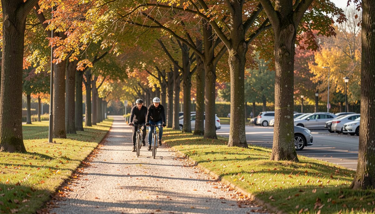 Early autumn sun slants through a tree corridor of crushed limestone as two cyclists roll single file beside a mowed edge near the parking lot.