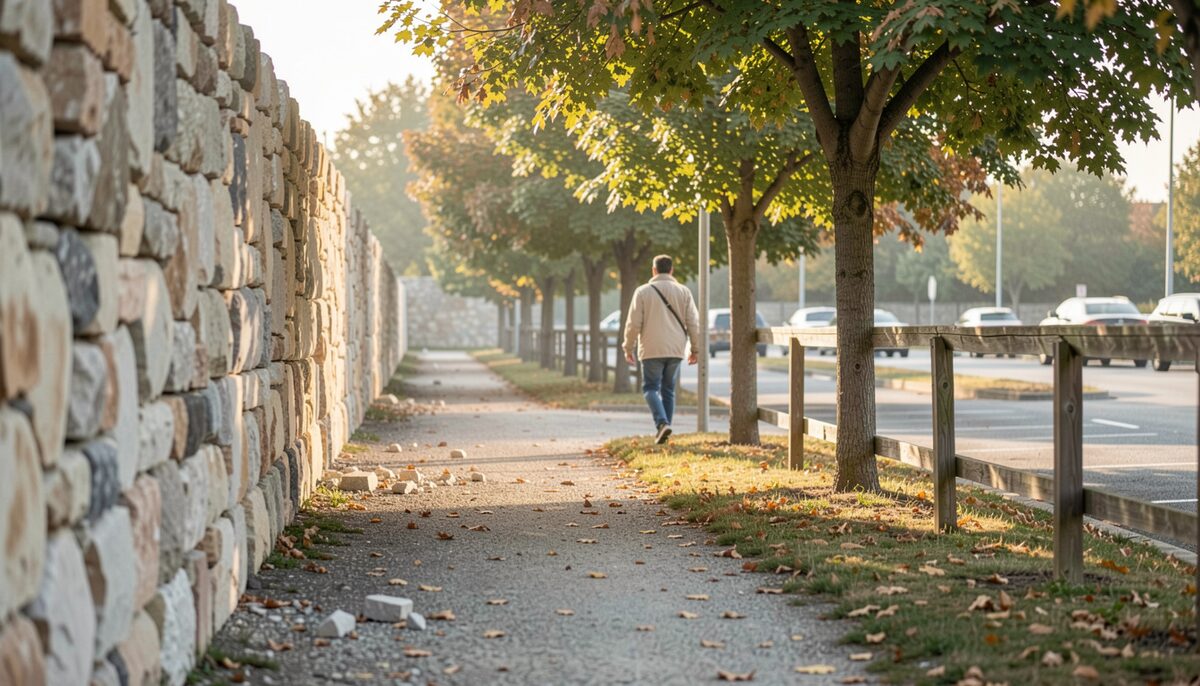 Low morning light crosses a crushed limestone corridor while a walker in a light jacket moves under maples toward a wooden rail near the parking area.